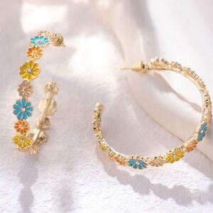 Boho Gold Plated Alloy Colorful Floral Rhinestone Accent Hoop Earrings